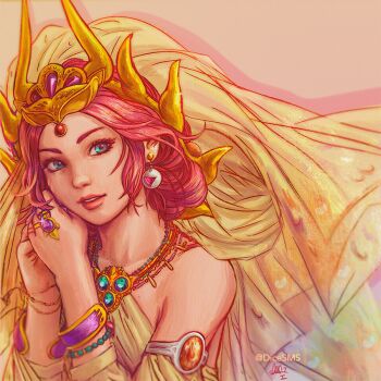 Rule 34 | 1girl, bare shoulders, bead bracelet, bead necklace, beads, blue eyes, bracelet, close-up, crown, detached sleeves, dicesms, dress, earrings, fake horns, final fantasy, final fantasy i, forehead jewel, gem, glint, gold, gold necklace, green gemstone, halterneck, hands up, horned headwear, horns, jewelry, looking at viewer, multiple necklaces, necklace, orange gemstone, ornate, ornate ring, parted lips, pink hair, princess, purple gemstone, red gemstone, ring, sarah (ff1), short hair, sleeveless, sleeveless dress, smile, solo, veil, yellow dress, yellow veil