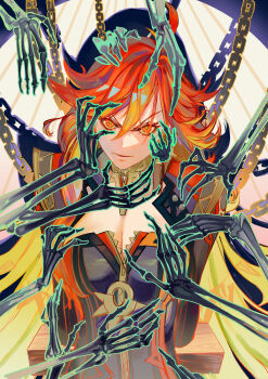 1girl absurdres ahoge biker_clothes bikesuit black_bodysuit bodysuit bone breasts chain cleavage earrings genshin_impact highres jewelry long_hair long_sleeves looking_at_viewer mavuika_(genshin_impact) medium_breasts multicolored_hair orange_eyes orange_hair red_hair restrained shiozawahoushou surrounded_by_hands surrounded_by_hands two-tone_hair very_long_hair