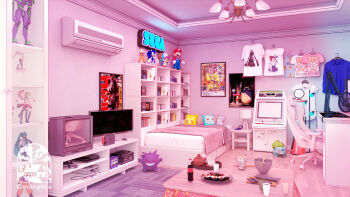 3d air_conditioner bad_artstation_link bad_link bed bed_sheet bedroom book bookshelf bulbasaur coca-cola dragon_ball eva_01 game_boy_advance game_boy_advance_sp game_console gamecube gen_1_pokemon gengar godzilla godzilla_(series) handheld_game_console hatsune_miku highres kusakabe_mei love_live! mario mario_(series) mei_(overwatch) minami_kotori neon_genesis_evangelion nintendo nintendo_switch nishikino_maki no_humans omorphia one_piece overwatch pikachu pillow pokemon reaper_(overwatch) sega snowball_(overwatch) son_goku sonic_(series) sonic_the_hedgehog squirtle tonari_no_totoro tony_tony_chopper totoro vocaloid