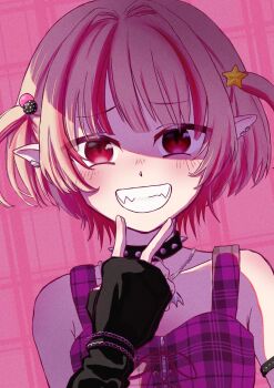 1girl arm_strap bare_shoulders black_arm_warmers black_collar blunt_bangs blush chain chain_bracelet chain_necklace collar collarbone colored_inner_hair crop_top cross-laced_clothes cross-laced_top ear_cuffs fangs furrowed_brow grey_hair grin hair_bobbles hair_intakes hair_ornament highres inward_v jewelry looking_at_viewer makaino_ririmu makaino_ririmu_(6th_costume) multicolored_hair necklace nijisanji no_headwear no_jacket orca_dx pink_background pink_hair pink_streaks plaid_background plaid_clothes pointy_ears portrait red_eyes shade short_hair sleeveless smile solo spiked_collar spikes standing star_(symbol) star_hair_ornament streaked_hair two-tone_hair two_side_up v virtual_youtuber wolf_cut zipper_top