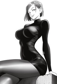 1girl absurdres black_dress breasts commentary dress english_commentary greyscale grin highres jujutsu_kaisen kugisaki_nobara large_breasts looking_at_viewer monochrome mostlybluewyatt pantyhose short_hair signature simple_background smile solo white_background