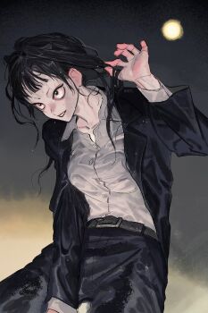 1girl belt black_background black_belt black_hair black_jacket black_pants black_suit bloodshot_eyes breasts collared_shirt cowboy_shot dress_shirt formal_clothes full_moon gradient_background grin hand_up highres holding holding_own_hair jacket jimoto_saikou koharu_(jimoto_saikou) long_hair long_sleeves looking_ahead medium_breasts memota moon open_clothes open_jacket pants pink_eyes sanpaku shirt shirt_tucked_in short_eyebrows smile solo suit upturned_eyes v-shaped_eyebrows wet wet_clothes wet_hair white_shirt