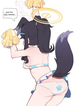 1girl absurdres animal_ears arms_up ass back back-print_panties black_hair blue_archive cheerleader dog_ears dog_girl dog_tail english_text from_behind goggles goggles_on_head halo hibiki_(blue_archive) hibiki_(cheer_squad)_(blue_archive) highres holding holding_pom_poms long_hair lulubelleiii millennium_cheerleader_outfit_(blue_archive) official_alternate_costume panties pom_pom_(cheerleading) pom_poms print_panties simple_background skirt solo speech_bubble tail talking underwear upskirt white_background white_panties yellow_halo