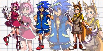 1girl 2boys absurdres amy_rose animal_ears artist_name blonde_hair blue_eyes blue_hair blue_hoodie blue_jacket blue_shorts boots commentary dress english_commentary eyewear_on_head fox_boy fox_ears fox_tail gloves goggles goggles_on_head green-tinted_eyewear green_eyes grid_background grin hairband hand_on_own_hip highres hood hood_down hoodie humanization jacket kohakuace looking_at_viewer multiple_boys multiple_tails open_mouth pink_hair red_boots red_hairband red_shoes shirt shoes short_hair shorts sleeveless sleeveless_dress smile sonic_(series) sonic_the_hedgehog spiked_hair tail tails_(sonic) tinted_eyewear two_tails white_gloves yellow_shirt zoom_layer