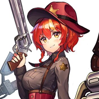 1girl badge blonde_hair blush breasts corset eyebrows_hidden_by_hair female_focus from_side game_cg grin gun hair_between_eyes handgun hat high_collar holding holding_gun holding_weapon iron_annie large_breasts last_origin looking_at_viewer multicolored_hair necktie official_art paintale red_hair revolver sheriff sheriff_badge shirt short_hair smile transparent_background upper_body weapon yellow_eyes