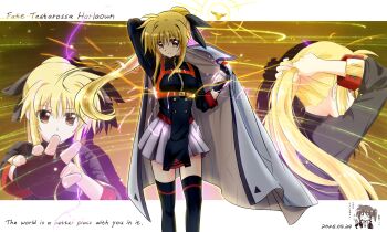 2026 black_gloves black_thighhighs blonde_hair bob_cut character_name chibi chibi_inset coat coat_on_shoulders commentary_request dated electricity english_text fate_testarossa fingerless_gloves floating_hair gloves hair_between_eyes high_ponytail high_side_ponytail highres kerorokjy long_hair long_sidelocks long_sleeves looking_at_viewer lyrical_nanoha mahou_shoujo_lyrical_nanoha multiple_views open_clothes open_coat open_hand outstretched_arm parted_bangs parted_lips pillarboxed ponytail red_eyes short_hair side_ponytail sidelocks skirt smile solo takamachi_nanoha thighhighs tying_hair upper_body white_coat white_skirt wispy_bangs