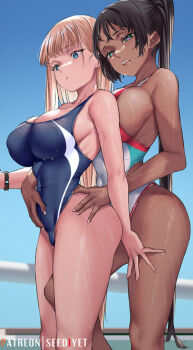 Rule 34 | 2girls, black hair, blonde hair, blue eyes, blue one-piece swimsuit, blue sky, breasts, cloud, competition swimsuit, dark-skinned female, dark skin, day, feet out of frame, green eyes, hand on another's stomach, highleg, highleg one-piece swimsuit, large breasts, long hair, multiple girls, one-piece swimsuit, original, outdoors, ponytail, sky, standing, swimsuit, viola (seed)
