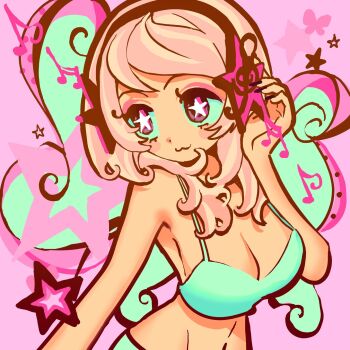 Rule 34 | 1girl, :3, beamed sixteenth notes, bra, breasts, bug, butterfly, cleavage, eighth note, headphones, highres, insect, long hair, musical note, original, pink background, pink hair, purple eyes, solo, star-shaped pupils, star (symbol), symbol-shaped pupils, underwear, vivinos, white bra