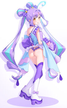 Rule 34 | 1girl, absurdres, ahoge, ass, blue hair, blush, boots, breasts, choker, clothes lift, cure kyunkyun, dress, dress lift, full body, highres, kazuma muramasa, kimi to idol precure, lace, lace panties, lifting own clothes, lingerie, long hair, looking at viewer, looking back, magical girl, multicolored hair, open mouth, orange eyes, panties, platform boots, precure, purple hair, purple panties, shigure kokoro, small breasts, solo, thighhighs, twintails, two-tone hair, underwear, very long hair