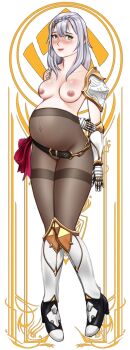 Rule 34 | 1girl, absurdres, blush, breasts, chain, cshading, full body, genshin impact, highres, maternity pantyhose, medium breasts, noelle (genshin impact), pantyhose, pregnant, ribbon, solo, standing, white hair