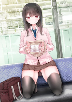 1girl bag black_hair black_thighhighs blue_necktie breasts brown_skirt buttons cardigan closed_mouth collared_shirt commentary_request highres holding holding_panties holding_underwear holding_unworn_clothes kneeling long_hair long_sleeves looking_at_viewer medium_breasts necktie oouso original panties pink_cardigan plaid_clothes plaid_necktie pleated_skirt red_eyes school_bag school_uniform shirt skirt solo thighhighs thighs underwear unworn_panties white_panties white_shirt