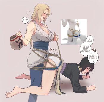 2girls all_fours bdsm black_eyes black_hair blonde_hair bondage bound bound_together breasts brown_eyes cleavage commentary_request doggystyle drunk dry_humping facial_mark femdom forehead_mark highres holding holding_jar humping japanese_clothes jar korean_commentary korean_text large_breasts may_c multiple_girls naruto_(series) no_pants open_mouth panties reference_inset rope sex_from_behind shizune_(naruto) signature squeans translation_request tsunade_(naruto) underwear white_panties yuri