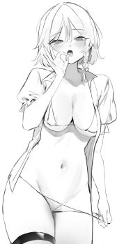 1girl absurdres bad_id bad_twitter_id bikini bikini_bottom_pull bikini_under_clothes bow braid breasts cleavage collarbone collared_shirt cowboy_shot greyscale groin hair_bow highres izayoi_sakuya looking_at_viewer medium_breasts medium_hair monochrome navel open_clothes open_mouth open_shirt oral_invitation puffy_short_sleeves puffy_sleeves sarukana shirt short_sleeves side_braid simple_background single_braid solo swimsuit thigh_strap tongue touhou unbuttoned unbuttoned_shirt white_background
