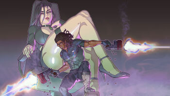 1boy 1girl black_hair breasts casing_ejection commentary commission convenient_censoring crossed_legs dark-skinned_male dark_skin dreadlocks dual_wielding elexis_sinclaire english_commentary finger_on_trigger firing green_eyes gun handgun high_heels highres holding holding_gun holding_weapon john_r._blade large_breasts mila_the_mute mole mole_under_eye muzzle_flash science_fiction shell_casing sin_(game) smoke smoking_barrel sunglasses third-party_source weapon