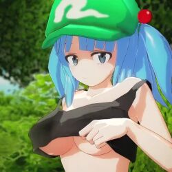 1girl 3d animated blue_eyes blue_hair breasts clothes_lift kawashiro_nitori large_breasts looking_at_viewer shirt_lift smile solo tagme tank_top teasing touhou twintails underboob video