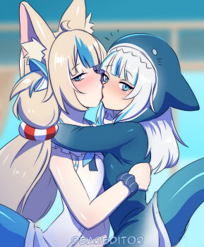 2girls animal_ear_fluff animal_ears animal_hood blonde_hair blue_eyes blue_hoodie blush cat_ears deareditor dress fins fish_tail gawr_gura gawr_gura_(1st_costume) grey_hair highres hololive hololive_english hood hoodie hug indie_virtual_youtuber kiss lifebuoy_hair_ornament looking_at_viewer low_twintails medium_hair multicolored_hair multiple_girls sameko_saba shark_girl shark_hood shark_tail sleeveless sleeveless_dress streaked_hair tail twintails virtual_youtuber voice_actor_connection white_dress yuri