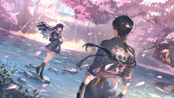 1boy 1girl absurdres arm_cutout black_choker black_hair black_jacket black_serafuku black_shirt black_shoes black_skirt black_socks cherry_blossoms chinese_commentary chisa_(wuthering_waves) choker clothing_cutout commentary_request copyright_notice game_cg hair_ribbon highres jacket logo long_hair long_sleeves looking_at_another male_rover_(wuthering_waves) official_art pangu_terminal_(wuthering_waves) pink_petals red_eyes red_ribbon ribbon rover_(wuthering_waves) sailor_collar school_uniform serafuku shirt shoes skirt socks steepled_fingers tacet_mark_(wuthering_waves) thigh_strap white_sailor_collar wind wuthering_waves
