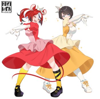 2girls absurdres alternate_hairstyle animal_ears aqua_eyes artist_logo bibbidiba_(hololive) black_hair braid breasts cleavage commentary crown dancing dress elbow_gloves full_body gloves hakimen hakos_baelz highres hololive hololive_english inset jewelry large_breasts logo long_dress mouse_ears mouse_tail multicolored_hair multiple_girls oozora_subaru outstretched_arms outstretched_crossed_arms puffy_short_sleeves puffy_sleeves red_dress red_hair ring screenshot_inset sharp_teeth shoes short_hair short_sleeves side_braid signature simple_background single_braid sneakers socks sparkle star_(symbol) streaked_hair swept_bangs tail teeth tiara tilted_headwear twintails twitter_username virtual_youtuber white_background white_gloves white_shoes yellow_dress yellow_socks