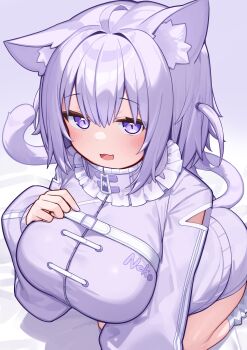 1girl animal_ears breasts cat_ears cat_girl cat_tail clothes_writing commentary_request deaver gradient_background highres hololive jacket large_breasts long_sleeves looking_at_viewer nekomata_okayu nekomata_okayu_(membership) purple_background purple_eyes purple_hair purple_jacket short_hair solo tail virtual_youtuber