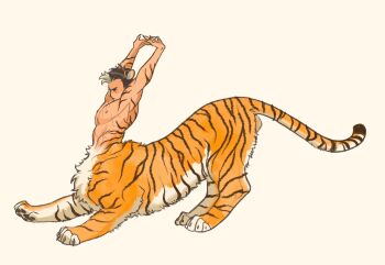 Rule 34 | 1boy, animal ears, arms up, batman (series), brown hair, closed eyes, commentary, dc comics, english commentary, full body, grey hair, highres, hyl83967217, jason todd, male focus, monster boy, monsterification, multicolored hair, scar, scar on chest, short hair, simple background, solo, streaked hair, stretching, tiger boy, tiger ears, toned, toned male, very short hair, yellow background