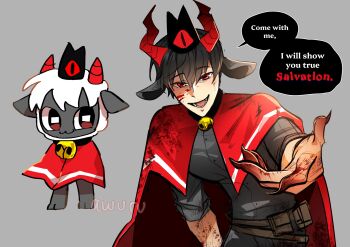 1boy absurdres alternate_costume animal_ears areuwuu bell black_shirt blood blood_on_clothes blood_on_hands cloak crown cult_of_the_lamb demon_horns english_text eye_print fingernails head_tilt highres horns kim_dokja long_fingernails looking_at_viewer male_focus offering_hand omniscient_reader&#039;s_viewpoint open_mouth outstretched_hand parody partially_shaded_face red_cloak red_eyes reference_inset sheep_ears shirt sleeves_rolled_up slouching