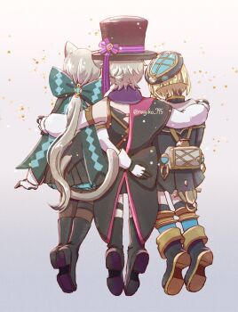 1girl 2boys animal_ears aqua_bow arm_around_shoulder artist_name back_bow beret black_boots black_bow black_capelet black_corset black_dress black_gloves black_hat black_jacket blonde_hair boots bow braid brother_and_sister brothers brown_pantyhose capelet cat_ears cat_girl cat_tail commentary_request corset detached_sleeves dress facing_away freminet_(genshin_impact) genshin_impact gloves gold_trim grey_background grey_hair hair_bow hat highres huge_bow jacket long_hair long_sleeves low_ponytail lynette_(genshin_impact) lyney_(genshin_impact) multicolored_gloves multiple_boys nagiko_795 pantyhose pleated_dress ponytail short_dress short_hair shrug_(clothing) siblings single_braid sleeve_cuffs star_(symbol) tail top_hat twitter_username two-tone_gloves very_long_hair vision_(genshin_impact) white_gloves white_shrug white_sleeves
