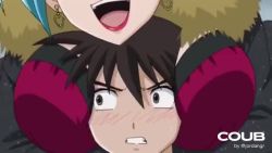 animated anime_screenshot aono_tsukune audible_speech bat_wings between_breasts blue_hair blush bouncing_breasts breasts brown_eyes brown_hair demon_girl dress earrings english_audio head_between_breasts jewelry kurono_ageha large_breasts laughing lipstick long_hair makeup mature_female purple_eyes red_dress rosario+vampire sound video wings