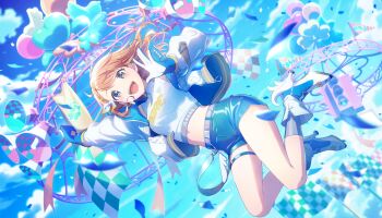 1girl animal_balloon ankle_boots arm_up armpit_crease balloon banner bare_legs belt belted_jacket bird_balloon blue_boots blue_gloves blue_shorts blue_sky blue_theme blurry boots bow braid braided_bangs breasts brown_hair checkered_flag clenched_hand clothes_writing cloud cloudy_sky clover_balloon colorful colorful_palette confetti contrapposto crop_top cropped_jacket cupping_hand day depth_of_field dot_nose dutch_angle earclip earrings eyelashes facing_viewer feet_up flag floating_hair full_body gloves gold_trim gradient_bow green_bow grey_belt grey_eyes grey_socks group_name grow_glorious_glow_(project_sekai) hair_bow hanasato_minori hand_up happy heart_balloon high_collar high_heel_boots high_heels highres horn_speaker jacket jewelry jumping kneehighs light_blush looking_ahead medium_hair midriff multicolored_boots o-ring official_alternate_costume official_alternate_hair_ornament official_art open_clothes open_jacket open_mouth orange_bow outdoors padded_jacket partially_unzipped pennant project_sekai short_braid short_shorts shorts side_braid single_braid single_earring single_horizontal_stripe sky small_breasts socks solo speaker straight_hair streamers studded_jacket swept_bangs tareme teeth thigh_strap thighs third-party_source traffic_light two-sided_fabric two-sided_gloves two-sided_jacket two-tone_boots upper_teeth_only white_boots white_bow white_gloves white_jacket wide-eyed wing_balloon winged_footwear zipper zipper_footwear zipper_pull_tab