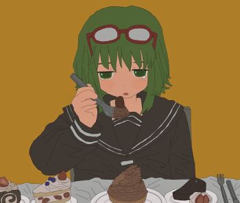 1girl black_serafuku cake cake_slice eyewear_on_head food fork green_eyes green_hair gumi highres holding holding_fork kousou_(vanilla_rkgk) long_sleeves mont_blanc_(food) open_mouth plate red-framed_eyewear school_uniform serafuku solo swiss_roll tears yellow_background yowamushi_mont-blanc_(vocaloid)