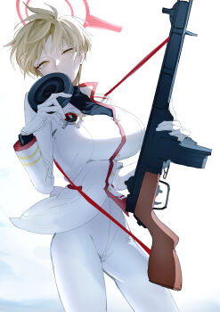Rule 34 | 1girl, absurdres, assault rifle, blonde hair, blue archive, breasts, commentary request, dantyou2525, gloves, gun, gun sling, halo, highres, holding, holding gun, holding weapon, jacket, large breasts, looking at viewer, magazine (weapon), marina (blue archive), narrow waist, pants, rifle, short hair, solo, undershirt, weapon, white gloves, white jacket, white pants