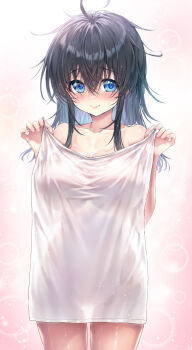 Rule 34 | 1girl, ahoge, black hair, blue eyes, blush, breasts, collarbone, commentary request, cropped legs, crossed bangs, hair between eyes, hisasi, holding, holding towel, huge breasts, long hair, looking at viewer, naked towel, netoge no yome wa onna no ko janai to omotta?, sidelocks, smile, solo, tamaki ako, thigh gap, towel