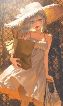 1girl bag blue_eyes blush bread breasts chain-link_fence collarbone commentary dress english_commentary fence food food_in_mouth fruit grey_hair hair_between_eyes hat head_tilt highres holding holding_bag hololive hololive_indonesia looking_at_viewer medium_hair ocetee outdoors paper_bag plastic_bag small_breasts solo standing sun_hat sundress upper_body vestia_zeta virtual_youtuber white_dress