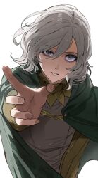 Rule 34 | 1boy, bags under eyes, cloak, dungeon meshi, elf, gorget, green cloak, grey eyes, grey hair, highres, hood, hooded cloak, lazy eye, long sleeves, looking at viewer, male focus, mithrun, notched ear, outstretched arm, pointy ears, reaching, reaching towards viewer, shabu gogi, shirt, short hair, simple background, tunic, uneven eyes, white background, white hair