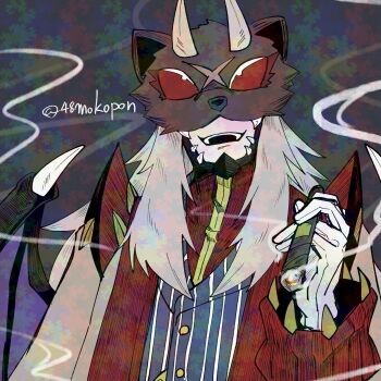 1boy 48mokopon astamon blue_vest cigar coat demon_boy demon_wings digimon digimon_(creature) gloves highres holding holding_cigar male_focus mask open_clothes open_coat smile smoke solo twitter_username upper_body vest white_gloves wings