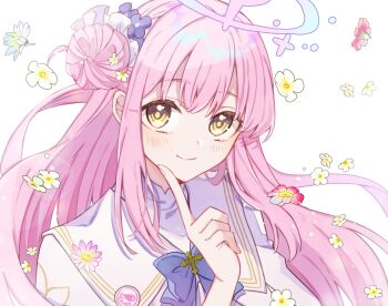 1girl blue_archive blue_bow blush bow capelet closed_mouth dress flower hair_bun hair_flower hair_ornament halo kyouna long_hair looking_at_viewer mika_(blue_archive) pink_hair pink_halo single_hair_bun single_side_bun smile solo upper_body very_long_hair white_capelet white_dress white_flower yellow_eyes