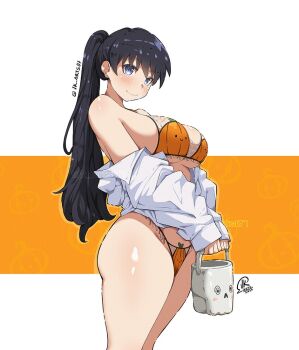 1girl alternate_costume arato_nagi bikini black_hair blue_eyes breasts bucket closed_mouth commentary english_commentary halloween_bucket holding holding_bucket jack-o&#039;-lantern_print jacket jk_arts large_breasts long_hair orange_bikini ponytail ruri_no_houseki smile solo swimsuit white_jacket