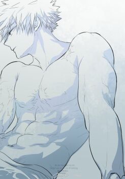 1boy abs bakugou_katsuki boku_no_hero_academia closed_mouth greyscale highres male_focus monochrome multiple_scars navel nipples oroshi_mi pectorals profile scar scar_on_arm scar_on_chest short_hair simple_background solo spiked_hair toned toned_male topless_male upper_body watermark