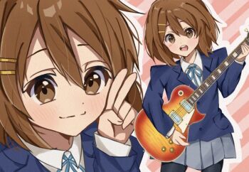 1girl black_pantyhose blush brown_eyes brown_hair closed_mouth dot_nose electric_guitar gibson_les_paul guitar hair_between_eyes hair_ornament hairclip hirasawa_yui holding holding_guitar holding_instrument instrument jacket k-on! long_hair open_mouth pantyhose sakuragaoka_high_school_uniform school_uniform shirt skirt solo standing teeth tono_0908 upper_body v white_shirt