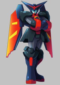 crossed_arms g_gundam green_eyes grey_background gundam highres legs_together master_gundam mecha mega_man_(series) mega_man_battle_network_(series) netnavi no_humans parody robot science_fiction simple_background style_parody super_robot ultimatemaverickx v-fin