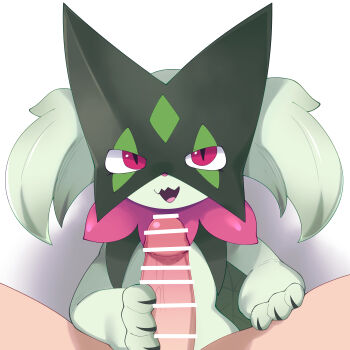 1boy 1girl bar_censor cat_girl censored erection furry furry_female furry_with_non-furry gen_9_pokemon green_fur handjob hetero highres interspecies looking_at_viewer meowscarada nintendo nude open_mouth penis pink_eyes pokemon pokemon_(creature) pokephilia pov pov_crotch samimitan