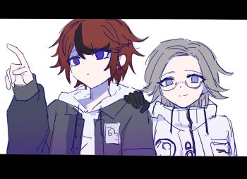2boys aotsuki_eito black_border black_hair blue_eyes border closed_mouth eyebrows eyelashes glasses grey_hair hand_on_another's_shoulder hand_up highres hood hoodie messy_hair multicolored_eyes multicolored_hair multiple_boys red_eyes red_hair simple_background smile sumino_takumi the_hundred_line_-last_defense_academy- upper_body white_background