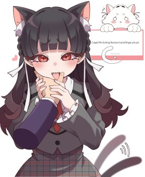 1boy 2girls absurdres animal_ear_fluff animal_ears baio_rin black_hair blush blush_stickers braid brown_hair cat_ears cat_tail choppy_bangs commentary crown_braid english_commentary english_text erigo frilled_sleeves frills gradient_hair hair_ribbon hand_grab hand_on_another's_chin heart heart_in_eye highres kemonomimi_mode kimi_no_koto_ga_dai_dai_dai_dai_daisuki_na_100-nin_no_kanojo long_hair long_sleeves looking_at_viewer motion_lines multicolored_hair multiple_girls necktie nekonari_tama o_o open_mouth pov pov_hands red_eyes red_necktie request_inset ribbon sharp_teeth short_necktie simple_background solo_focus symbol_in_eye tail tail_wagging teeth tongue tongue_out white_background white_ribbon