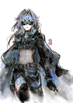 Rule 34 | 1girl, asymmetrical shorts, black boots, black cape, black gloves, black shirt, black shorts, blindfold, blue gem, blue hair, bodystocking, boots, bracelet, brooch, cape, chinese commentary, closed mouth, commentary request, cowboy shot, cropped shirt, earrings, expressionless, eye tattoo, fantasea prophet (shining nikki), gem, gloves, hair intakes, highres, jewelry, leg tattoo, lipstick, long hair, long sleeves, makeup, nikki (series), pink lips, sasora, shining nikki, shirt, shorts, signature, simple background, solo, standing, tattoo, thigh boots, turtleneck, turtleneck shirt, white background