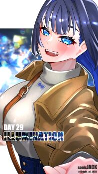 1girl artist_name blue_eyes blue_hair blunt_bangs blush colored_inner_hair dated hair_intakes highres hololive hololive_english knight_of_jack long_hair long_sleeves looking_at_viewer multicolored_hair official_alternate_costume ouro_kronii ouro_kronii_(casual) smile turtleneck virtual_youtuber