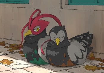 antennae aomon_(yuuji7604) autumn_leaves bird black_feathers brown_feathers closed_eyes couple crack cracked_floor feathers floor_tiles gen_5_pokemon green_feathers grey_feathers half-closed_eyes highres leaf multicolored_feathers nintendo no_humans pokemon pokemon_(creature) pokemon_focus shade sitting sleeping u_u unfezant unfezant_(female) unfezant_(male) wattle yellow_eyes