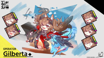 1girl :> :d =_= absurdres akekuri_(arknights) angelina_(arknights) animal_ear_fluff animal_ears arknights arknights:_endfield avywenna_(arknights) bag belt benizika black_bag brown_hair card character_name charm_(object) closed_eyes coat commentary_request copyright_logo diamond-shaped_pupils diamond_(shape) dress floating floating_clothes floating_hair fluorite_(arknights) fox_ears fox_girl gilberta_(arknights) grey_dress headpiece high_belt high_collar highres holding holding_card holding_staff impossible_clothes impossible_dress light_blush logo long_hair long_sleeves looking_at_viewer messenger_bag multiple_expressions multiple_views open_clothes open_coat open_mouth orange_eyes originium_arts_(arknights) perlica_(arknights) red_coat shoulder_bag smile solid_oval_eyes spiral split_mouth staff stuffed_animal stuffed_toy symbol-shaped_pupils teddy_bear translation_request twintails twitter_username utility_pole wavy_mouth yvonne_(arknights)