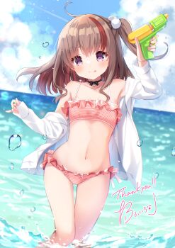 1girl absurdres bare_shoulders bikini blue_sky brown_hair cloud cloudy_sky commission flat_chest highres holding holding_water_gun indie_virtual_youtuber irori jacket long_hair long_sleeves multicolored_hair nagisa_(vtuber) navel off_shoulder open_clothes open_jacket pink_bikini purple_eyes second-party_source side_ponytail sky solo streaked_hair striped_bikini striped_clothes swimsuit virtual_youtuber water_drop water_gun white_jacket