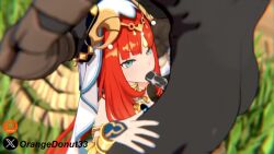 1boy 1girl 3d all_fours animated ass bare_shoulders black_skin blue_eyes bottomless colored_skin crop_top cum cum_in_mouth cum_in_pussy cum_overflow detached_sleeves doggystyle ejaculation fellatio fingernails genshin_impact grass hands_on_another&#039;s_head headdress hetero hilichurl_(genshin_impact) interspecies irrumatio long_hair moaning multiple_views nilou_(genshin_impact) nsfw_sonia_va oral orangedonut33 outdoors patreon_logo penis pussy red_hair sex sex_from_behind smile sound standing tagme top-down_bottom-up twitter_username uncensored vaginal video