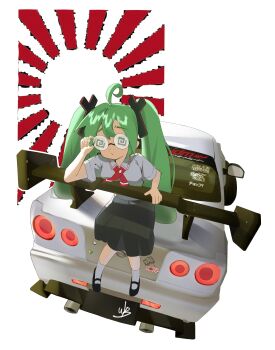 1girl absurdres ahoge barcode car commentary_request domo-kun glasses hatsune_miku highres long_hair motor_vehicle nhk_(broadcaster) rising_sun_flag round_eyewear signature solo sunburst twintails vocaloid watblood white_background