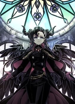 Rule 34 | 1girl, absurdres, asymmetrical bangs, black capelet, black coat, black eyes, black hair, black jacket, black pants, breasts, capelet, closed mouth, coat, commentary, cosplay, cowboy shot, demon girl, demon horns, english commentary, facial mark, feathered wings, forehead mark, gloves, hair between eyes, highres, horns, jacket, long hair, long sleeves, looking at viewer, lucifer (obey me!), lucifer (obey me!) (cosplay), medium breasts, obey me!: one master to rule them all!, open clothes, open coat, original, outstretched arms, pants, purple gloves, ryuuxin, sadie (ryuuxin), serious, solo, wings